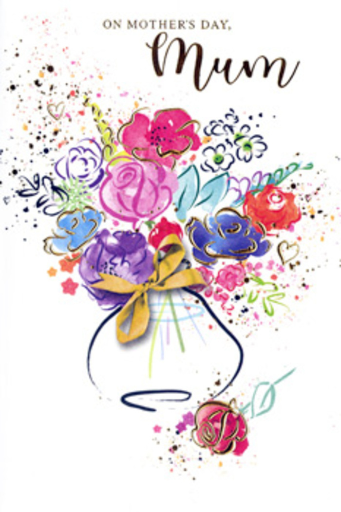 On this Mother's Day card, a richly coloured floral illustration unfurls like a letter written in petals, inspired by the kind of seasonal bouquets that brighten homes across Finsbury and nearby Islington. In the centre, lush pink and magenta flowers dominate, their petals layered with semi-transparent watercolour that bleeds subtly at the edges, giving a sense of softness and motion as if the blooms were gently swaying. Surrounding these are more delicate blossoms in cool blues and pale lavender, offering a calming balance to the intense warmth of the central flowers, much like the contrast between Finsbury's bustling roads and its quiet, tree-lined squares. Fine, shimmering gold lines skim the contours of select petals and leaves, lending a sense of luxury and celebration, while tiny golden dots and splashes radiate outward, as though the bouquet were casting off sparks of joy. The background is predominantly white, offering breathing space that allows each hue to sing clearly without crowding the eye. Hints of greenery and stems appear in loose, expressive strokes, suggesting foliage without overwhelming detail, preserving the impressionistic charm of the piece. A gentle, ribbon-wrapped vase supports the bouquet at the bottom, its soft curves rendered in transparent layers of colour and crowned by a slim strip of gold that feels like the touch a florist would add just before a Mother's Day delivery to an address off Rosebery Avenue. Dotted around the composition are light splatters of paint and heartlike motifs, evoking laughter, shared memories, and the warmth of long-standing family bonds. Overall, the illustration conveys tenderness, joy, and heartfelt appreciation, transforming the card into a keepsake bouquet that never fades.