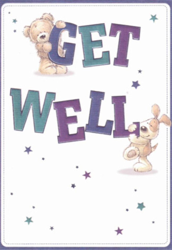 There's a heartfelt celebration of encouragement woven into this get well card, much like the spirit found near Finsbury's historic gardens and lively streets. The illustration is alive with playful, yet deeply felt detail: a cuddly bear, drawn in broad, soft lines, rests on the exuberant 'GET', while a floppy-eared puppy-with fur so vividly depicted you can imagine its velvet under your palm-curves protectively around 'WELL'. Oversized, confidently drawn letters anchor the message, their rich purples and aquas creating a foundation of cheerful reassurance. The whole scene is bright and welcoming, like sunlight filtering through a Finsbury florist's display window onto fresh blooms set out for delivery along St. John Street. The background's creamy white offers clarity and calm, punctuated by stars in cool blues and violets, scattering imaginative little wishes for wellness and happiness. It's a design that blends lightness and touch; the joyful embrace of these illustrated friends feels as real as a flower's petal beneath your fingers. Imagining this card tucked beside a hand-tied bouquet, the combined gesture becomes a burst of positivity and care, perfect for bringing comfort and joy to anyone convalescing throughout Finsbury's vibrant community.