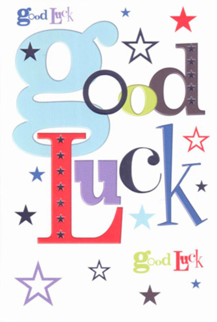 This luck-themed greeting card appears like a small celebration captured on paper, the design bright and welcoming, much like a stroll through a sunny corner of Finsbury Fields. The central focus is the phrase Good Luck, set across a pristine white background that allows each colour and font to shine. Every letter carries its own personality: some are wide and pastel blue with a soft, reassuring presence; others are slim and inky black, adding a touch of seriousness; and in between, exuberant reds, mossy greens, and deep violets flash like applause. The typography feels almost like a group of friends cheering from the sidelines on a side street off Mountgrove Road, each voice different but united in support. Dotted all around the words are bright, colourful stars, scattered in a spontaneous yet deliberate arc. Their shades move from midnight navy and indigo to sky-blue, lilac, and a subtle lemon-lime, each star varying in size so that the whole card feels alive with movement and possibility, like wishes sent rising into the evening sky. The white space around the lettering is generous, giving the design a modern, uncluttered feel that keeps the mood light and upbeat rather than overwhelming. The cardstock looks thick and smooth, as though it would make a satisfying, gentle snap when you open it, with a cool, clean surface beneath your fingers. You can almost imagine slipping this card into an envelope alongside a hand-tied bouquet heading to a new flat near Finsbury Park station or a studio in nearby Highbury-a talisman of hope and friendly energy sent to someone about to step into exams, a first day at work, or a big performance. More than a simple message, it feels like a pocket-sized chorus of encouragement ready to travel across the city.