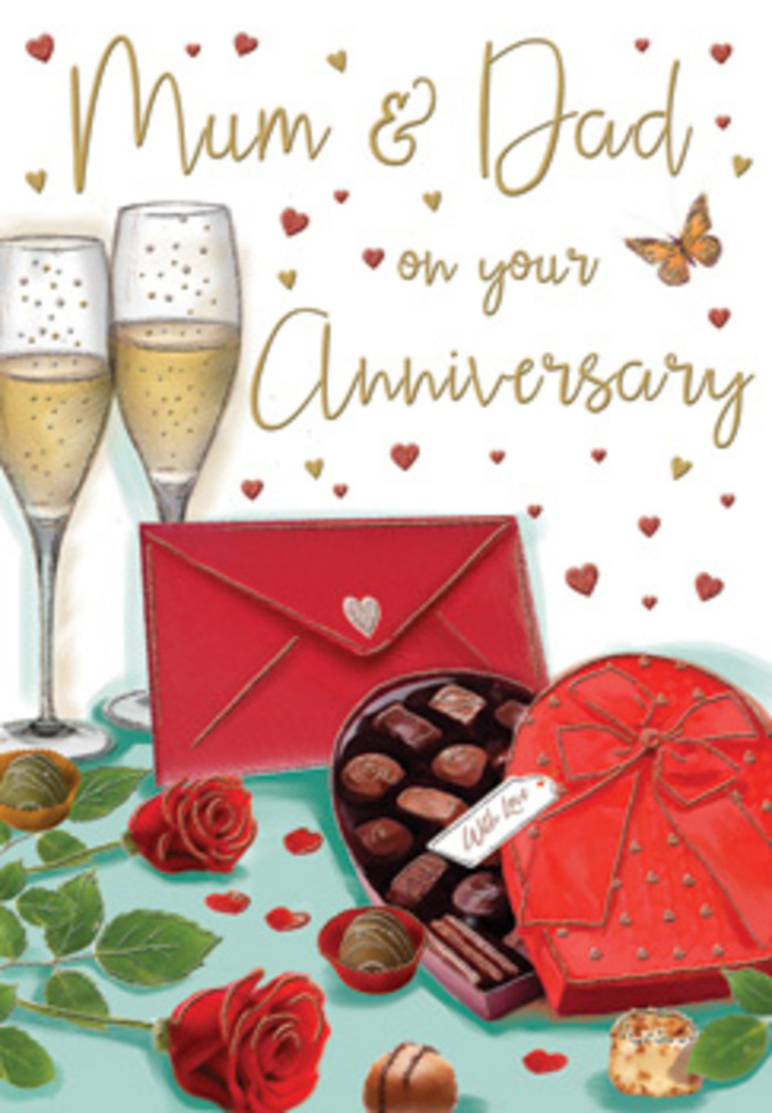 Luxurious anniversary card design that visually tells the story of a long, loving marriage, imagined as if laid out on a polished table in a Finsbury townhouse. At the centre, two elegant champagne flutes rise gracefully, their clear glass catching soft highlights and reflections from an unseen light source. The flutes are filled with champagne that shimmers in a gentle golden hue, with tiny bubbles suspended as though paused in the moment before a celebratory toast. In front of them sits a heart-shaped chocolate box, its deep, romantic red tone enriched by shadows and reflections. An extravagant satin bow wraps around the box, tied in a generous knot with ribbon ends cascading over the lid. The box is partially open, revealing meticulously arranged chocolates inside-varied shapes and subtle differences in colour hint at an assortment of flavours. A few chocolates have tumbled out onto the surface, adding a relaxed, inviting feel. To one side, two sumptuous red roses lie diagonally across the scene, their velvety petals densely layered and slightly curled at the edges, surrounded by lush green foliage reminiscent of freshly cut stems from a florist near Finsbury's quiet residential streets. Above and around, delicate red and gilded hearts float softly across a pale, almost glowing background, encircling a hand-lettered Mum & Dad message that feels at once classic and intimate. A bright scarlet envelope, neatly sealed, rests near the chocolates, suggesting a handwritten anniversary card filled with gratitude for years of shared memories, from strolls through Finsbury Park to evenings at local cafés. The overall effect is one of warmth, celebration, and tender nostalgia.