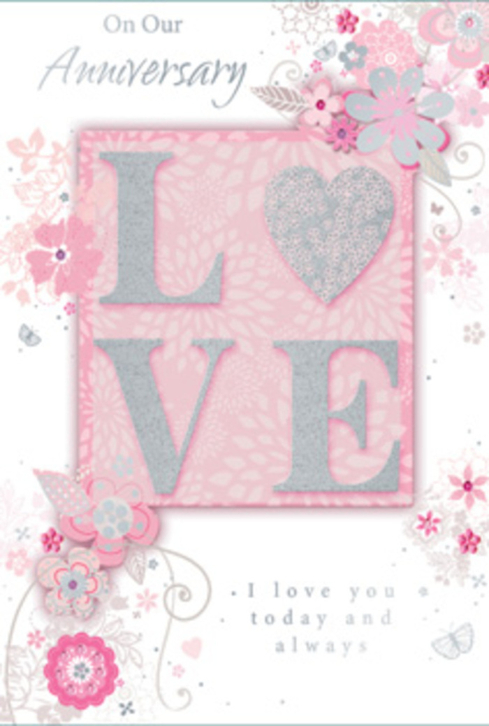 The anniversary card captured here feels like walking into a sunlit Finsbury townhouse where love is quietly honoured in everyday gestures. Dominating the front is the word LOVE, rendered in an elegant, raised print that has been kissed with fine, frosted glitter. The letters catch the light with a soft gleam, much like the sheen you see on satin ribbon tied around a hand-tied bouquet from Finsbury Florist. This tactile, slightly textured surface invites a finger to linger, giving a sensory experience beyond simple sight. Around the central motif, wispy, hand-drawn blooms and airy sprays of leaves drift toward the edges of the card. Their colours-muted pinks, lilac-tinted whites, and soft greys-blend together harmoniously, creating a feeling of gentle balance similar to a pastel-toned floral arrangement set on a dining table overlooking Clerkenwell's cobbled streets. Fine filigree lines weave between the petals, forming delicate flourishes and tiny, almost-hidden butterflies that suggest movement and the flutter of affectionate hearts. The background glows with a soft, rosy tone that feels like morning light filtering through sheer curtains, casting a warm wash over the design. Inside, the phrase I love you today and always rests in understated, graceful type, leaving generous space for personal notes and memories. The overall composition is calm, romantic, and thoughtfully detailed, reflecting the same care a local florist would put into crafting an anniversary bouquet for delivery around Finsbury and Old Street. It is more than a greeting; it feels like a bouquet translated into paper and ink, quietly fragrant in spirit with love and appreciation.