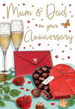 Evocative anniversary card illustration that captures the warmth of a family celebration in Finsbury, portrayed as a carefully arranged still life. The focal point is a luxurious heart-shaped box of chocolates, its casing rich red and softly curved, adorned with a dramatic bow that seems to ripple in satin folds. The lid rests open to reveal rows of perfectly formed chocolates, each piece shaded to suggest a glossy texture and indulgent filling. Just behind this tempting centrepiece, two tall champagne flutes stand in close company, filled with sparkling golden champagne. The bubbles are frozen mid-ascent, and faint reflections glimmer on the glass, as if catching the glow of nearby candles in a flat overlooking Finsbury Park. To one side, two radiant red roses lie with casual elegance, their velvety petals layered and generous, framed by a fan of fresh green leaves that recall the work of a skilled local florist. A few chocolates scattered outside the box lend a sense of easy, shared enjoyment, turning the scene from a formal display into a moment of lived-in celebration. In the background, gentle strokes of gold and scattered crimson hearts float like confetti, drawing the eye toward the hand-lettered Mum & Dad greeting that anchors the card's purpose. A bright red envelope, sealed and placed within reach, hints at personal words penned with love, perhaps by grown children sending their wishes from nearby Islington or Clerkenwell. The whole composition feels warm, romantic, and deeply personal, reflecting love that has matured and deepened over many years.